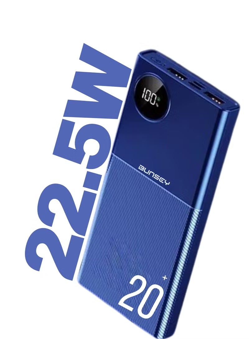 BUNSEY باور بانك 20000 مللي أمبير شحن سريع 22.5 واط مع 4 كابلات مدمجة، 2 USB + 2 PD، شاشة رقمية لعرض البطارية وزر الطاقة – شحن متعدد الأجهزة للهواتف الذكية والأجهزة اللوحية – BP55 أزرق - Image 1